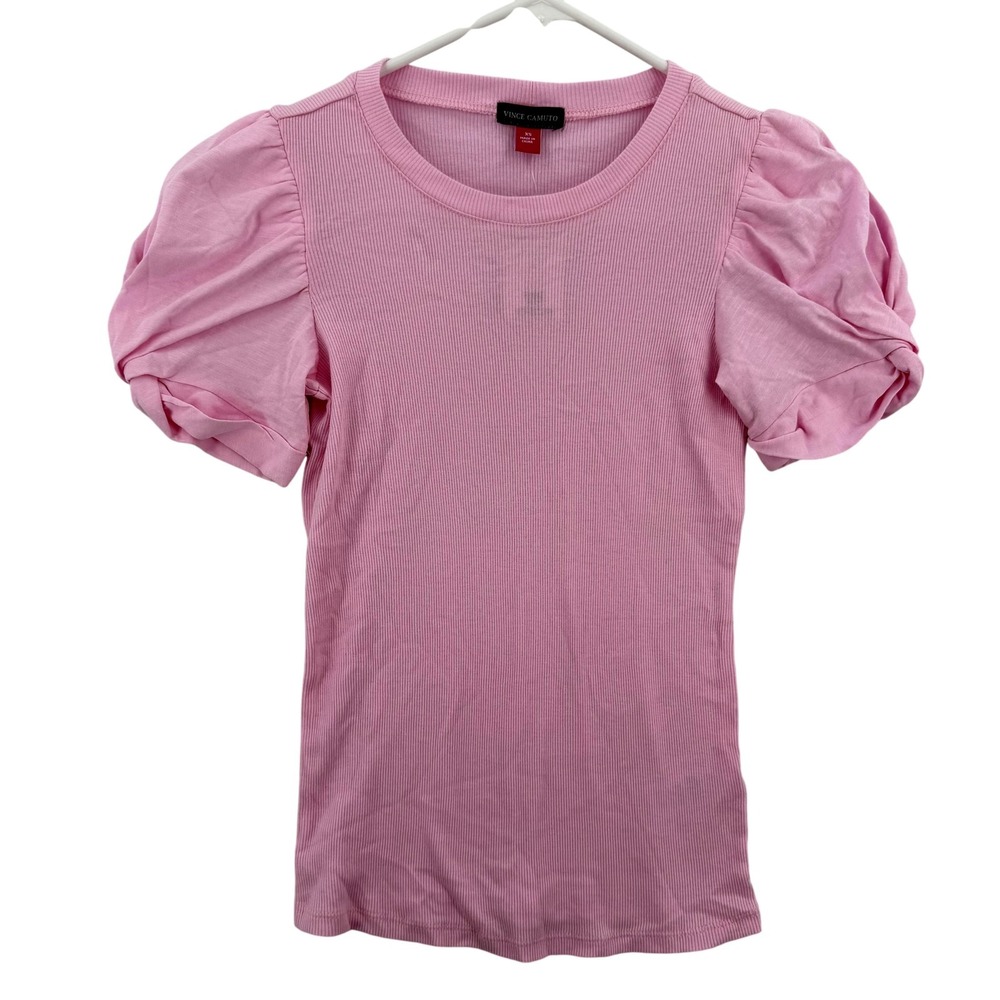 Vince Camuto Womens XS Peony Pink Puff Sleeve‎ Ribbed Cotton Crewneck Shirt NWT